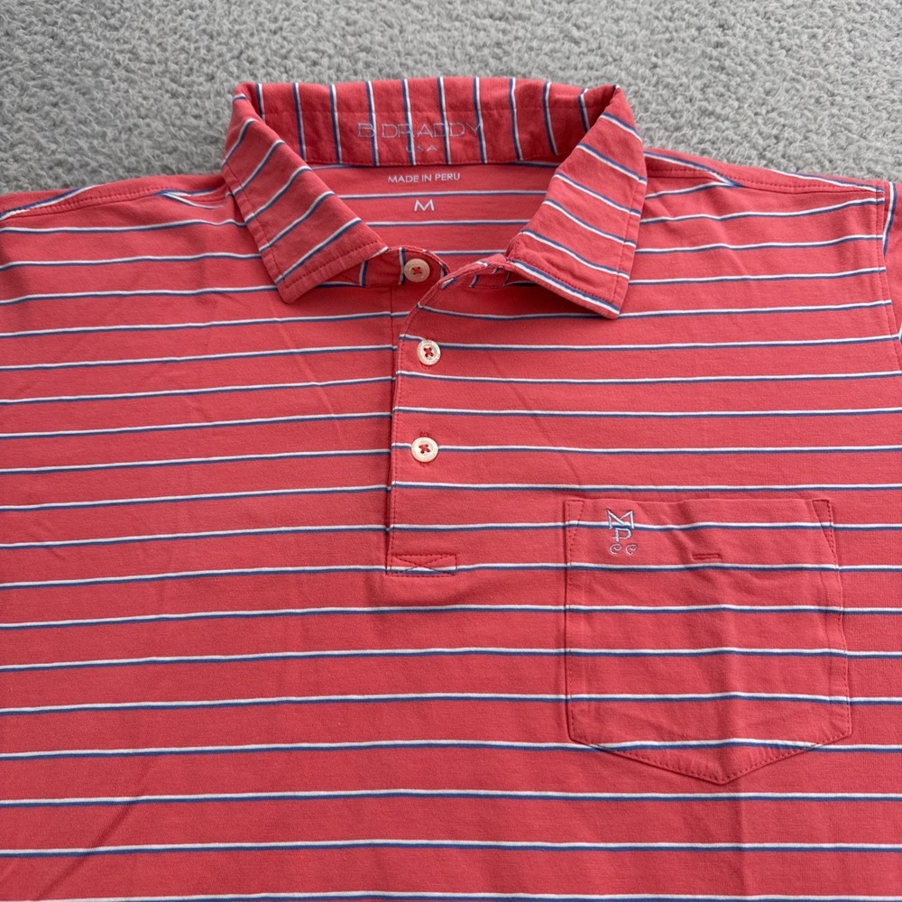 B Draddy Golf Polo Shirt Mens Large S/S Pink Stripe Retro Pocket Logo MPCC